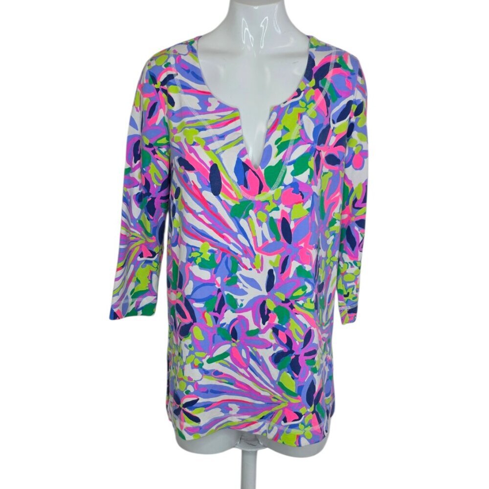 Lilly Pulitzer V-Neck, 3/4 Sleeve Shirt, Multi Colour, Vibrant, Resort, Sz Small